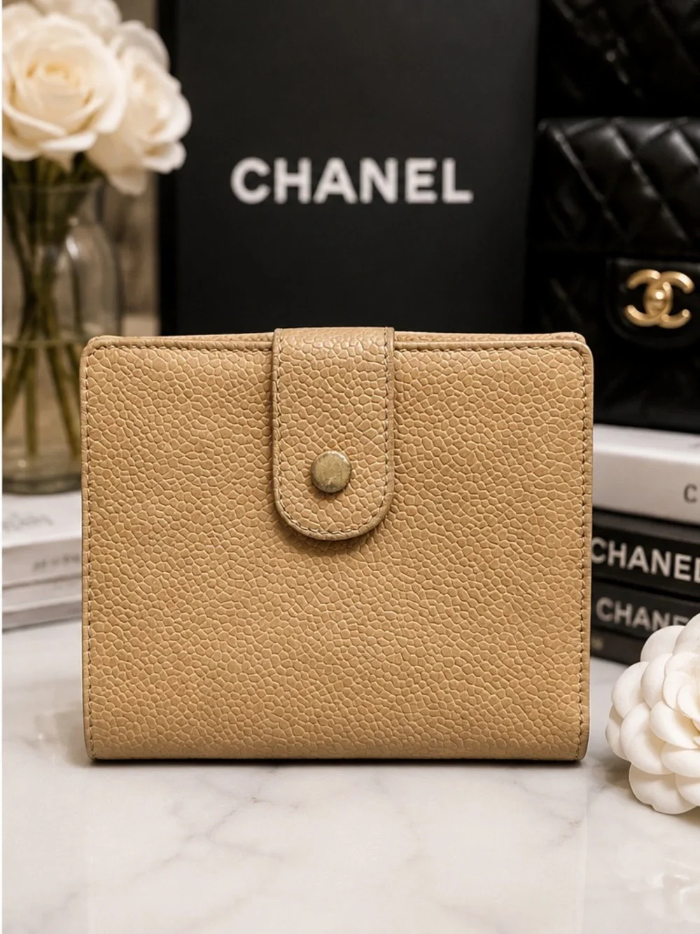 CHANEL Vintage Beige/Tan Caviar Leather Wallet ✨
